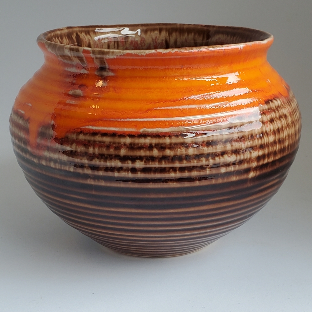 Ceramic Pottery Orange Brown Glaze Plant Cache Pot Vintage MCM